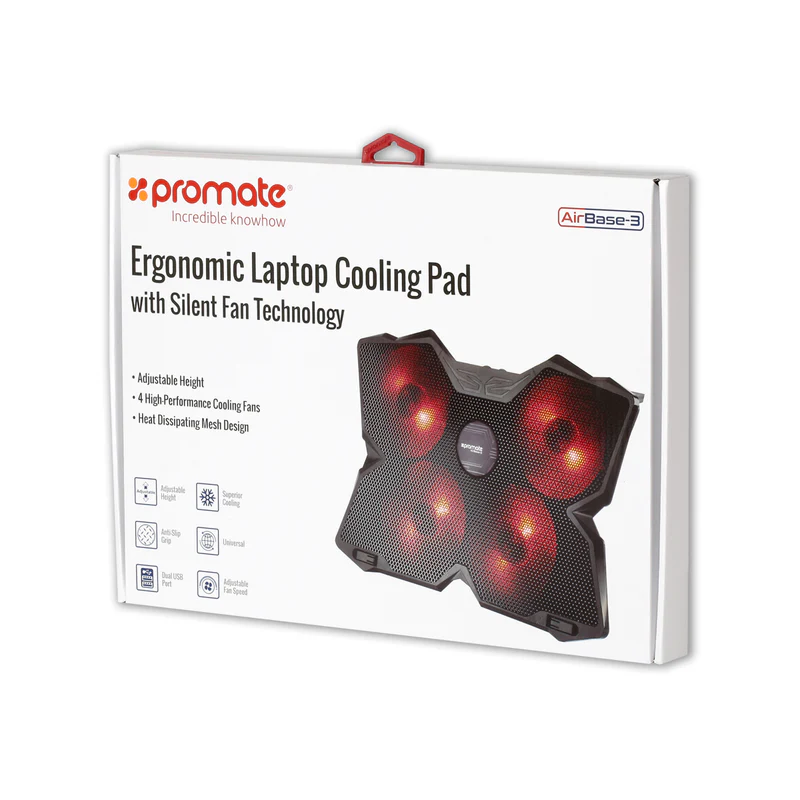 Promate AirBase 3 Ergonomic Laptop Cooling Pad with Silent Fan Technology Promate AirBase 3 Ergonomic Laptop Cooling Pad with Silent Fan Technology